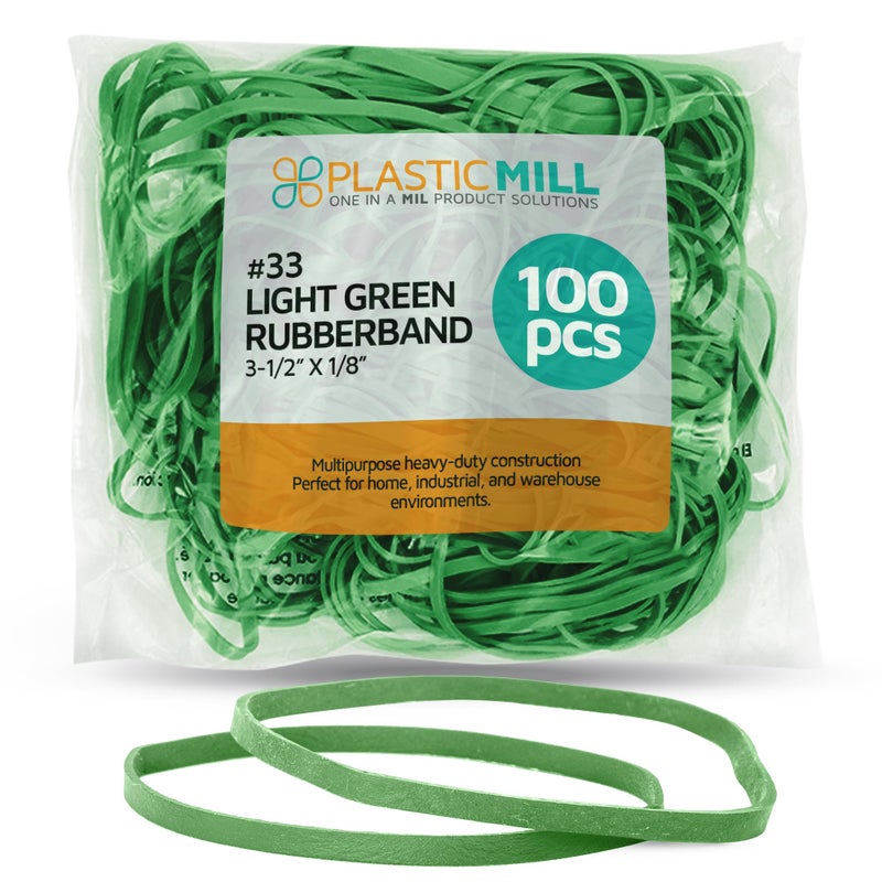 PlasticMill Light Green Rubber Bands Size 33 (3 1/2" x 1/8") - #33 Colored Rubber Bands Office Supplies - Strong, Elastic Bands for Crafts, Balloon Garland, Cash, File Folders (100-Pack) - Image 1